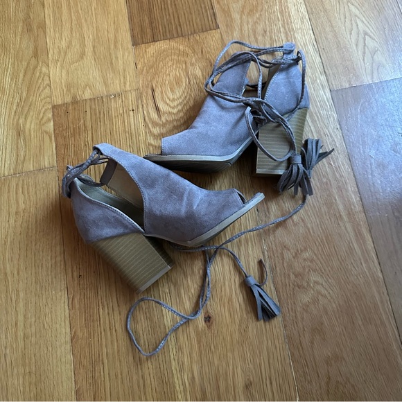 Taupe Peep Toe Boot Chunky Heel Shoes - Picture 3 of 7